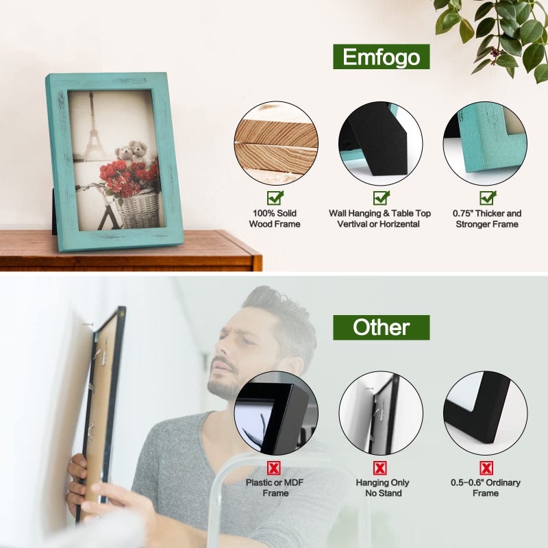 Emfogo 4x6 Picture Frame, Pack of 2 Photo Frame with Real Glass, Solid Wood Rustic Picture Frames 4x6 Display for Wall Decor (Vintage Teal) - Image 2